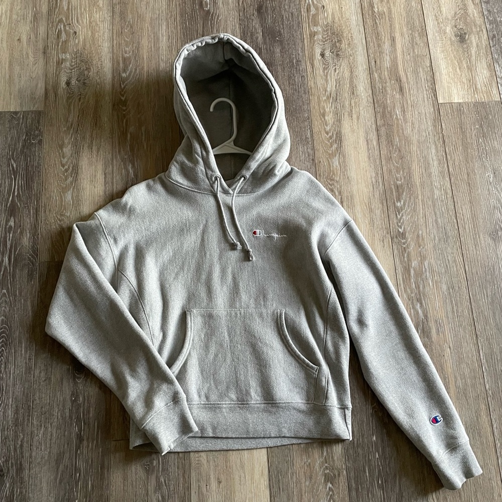 Champion Reverse Weave Grey Logo Script Hoodie Sweatshirt Medium